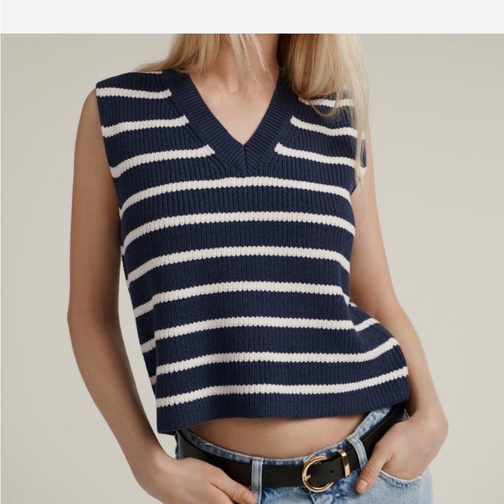 Zara Small Navy White Striped Knit Sweater Vest Cotton Blend Sleeveless